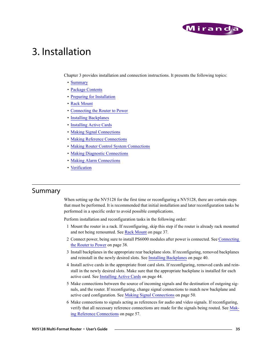 Installation, Summary, Chapter 3 | Grass Valley NV5128 v.2.5 User Manual | Page 45 / 114