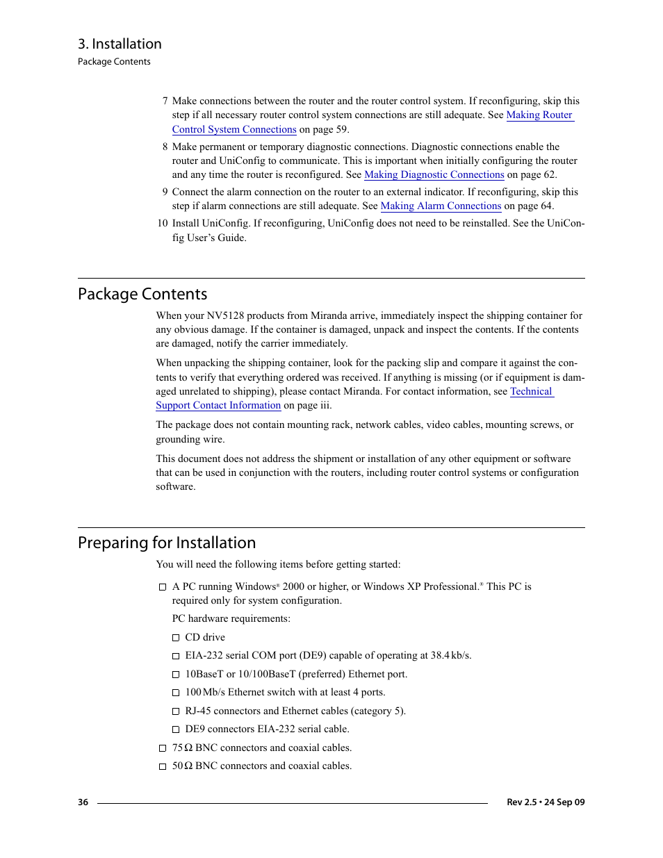 Package contents, Preparing for installation, Package contents preparing for installation | Installation | Grass Valley NV5128 v.2.5 User Manual | Page 46 / 114
