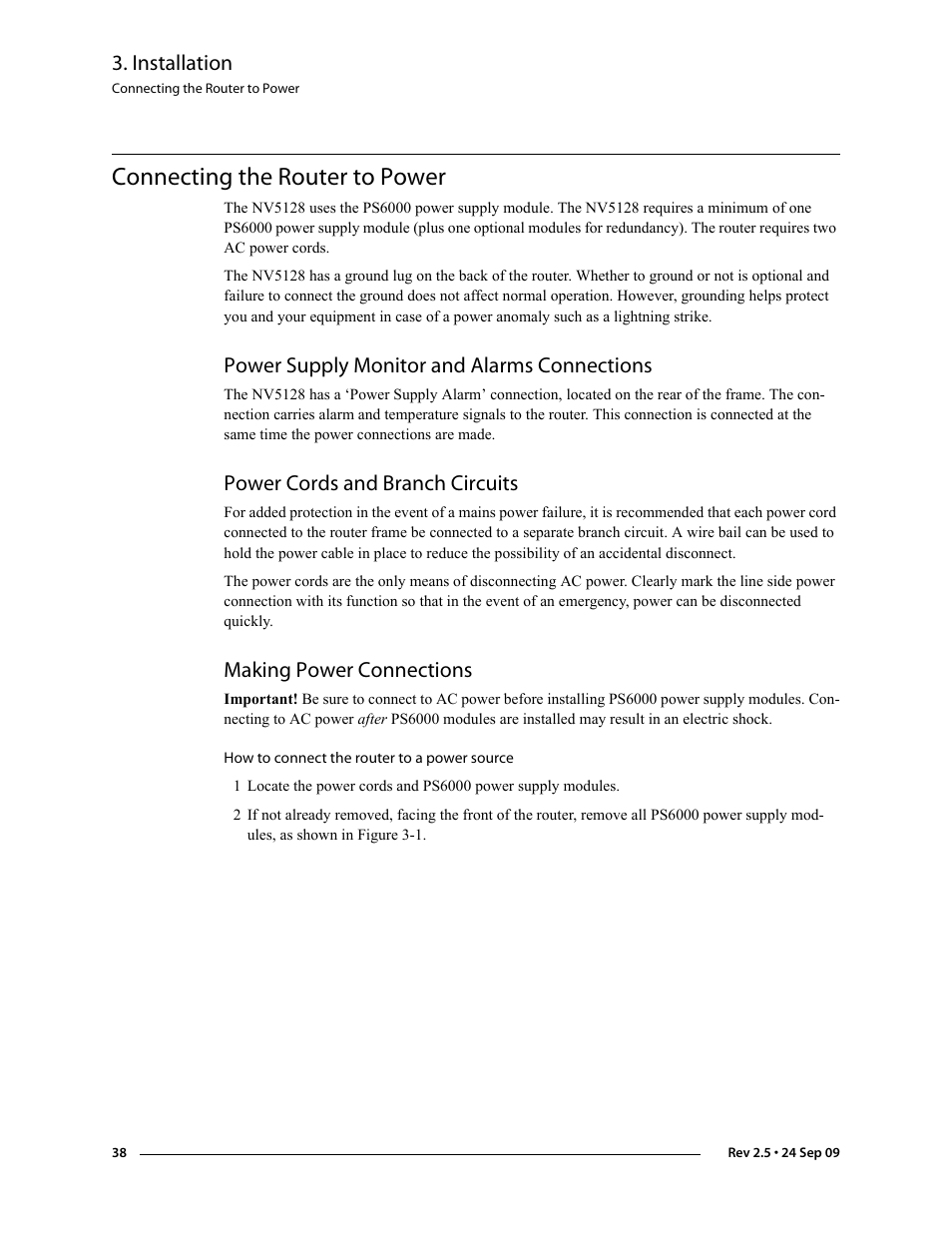Connecting the router to power, Power supply monitor and alarms connections, Power cords and branch circuits | Making power connections, Ed. see, Connecting, The router to power, Installation | Grass Valley NV5128 v.2.5 User Manual | Page 48 / 114