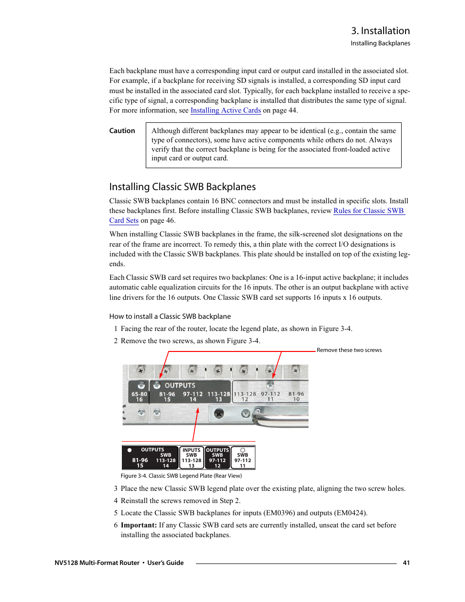 Installing classic swb backplanes, Installation | Grass Valley NV5128 v.2.5 User Manual | Page 51 / 114