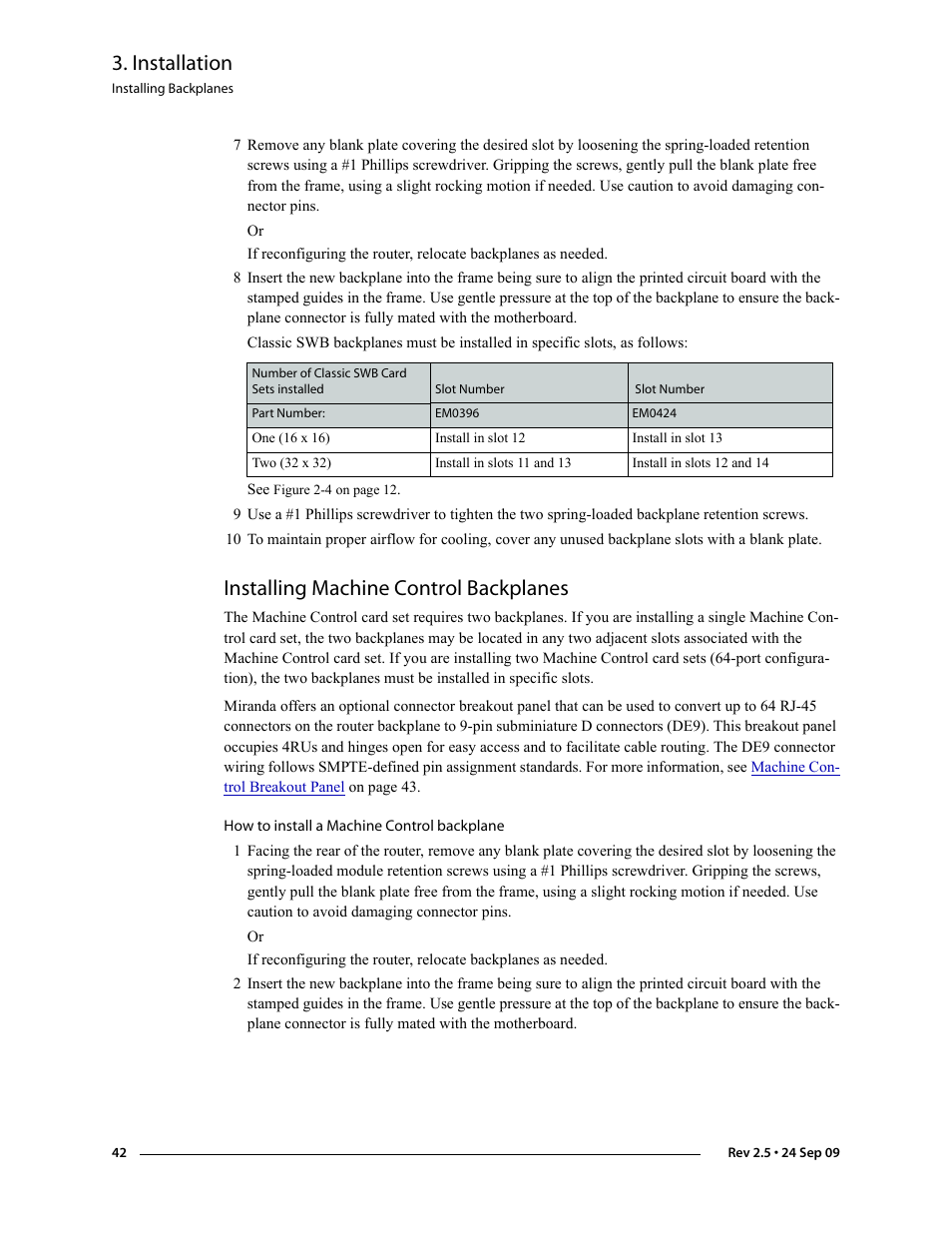 Installing machine control backplanes, Installing machine control, Backplanes | Installation | Grass Valley NV5128 v.2.5 User Manual | Page 52 / 114