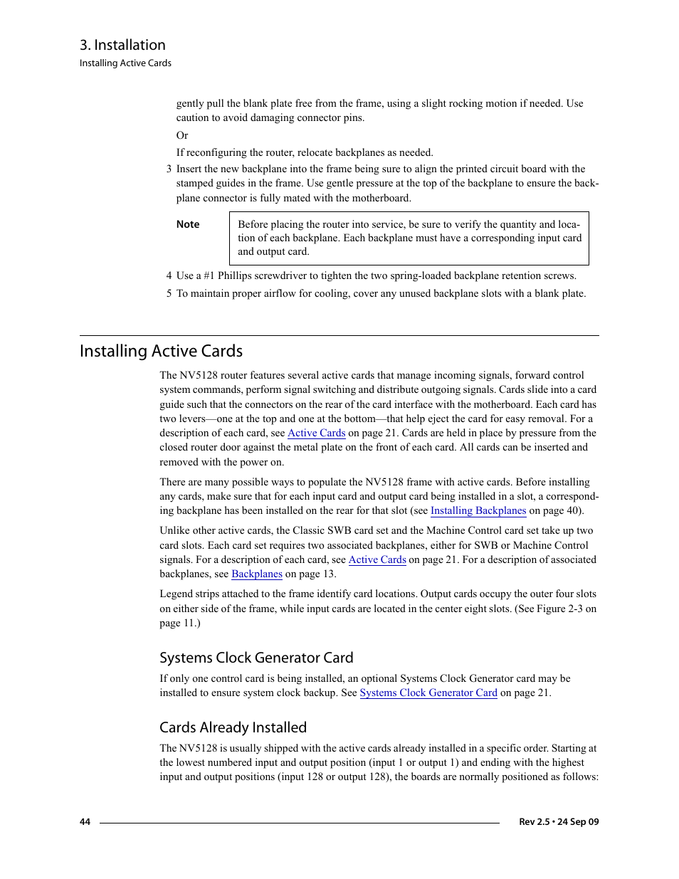 Installing active cards, Systems clock generator card, Cards already installed | Ion, see, Installation | Grass Valley NV5128 v.2.5 User Manual | Page 54 / 114