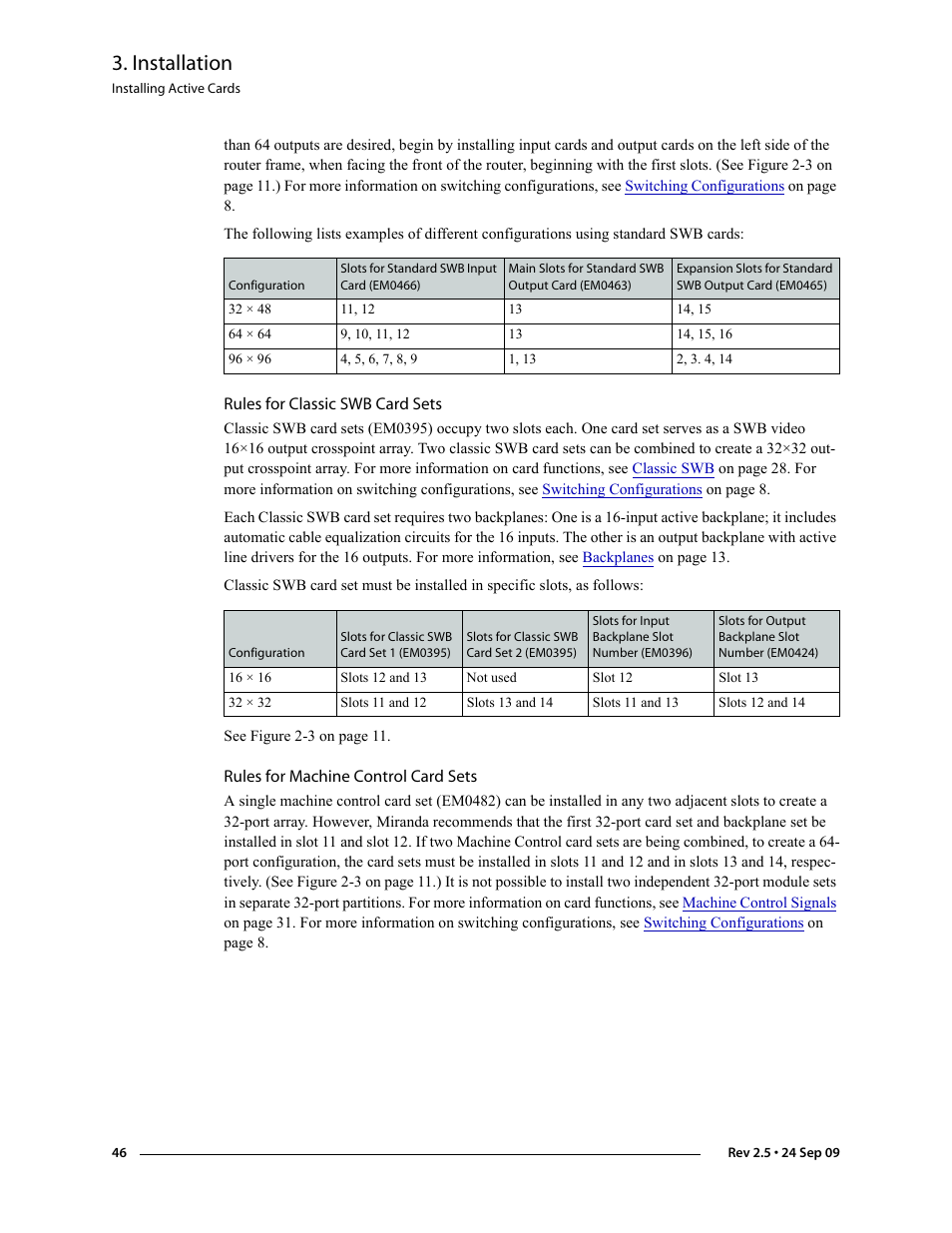 Rules for classic swb card sets, Rules for machine control card sets, Alling classic swb backplanes, review | Rules for classic swb, Card sets, Installation | Grass Valley NV5128 v.2.5 User Manual | Page 56 / 114