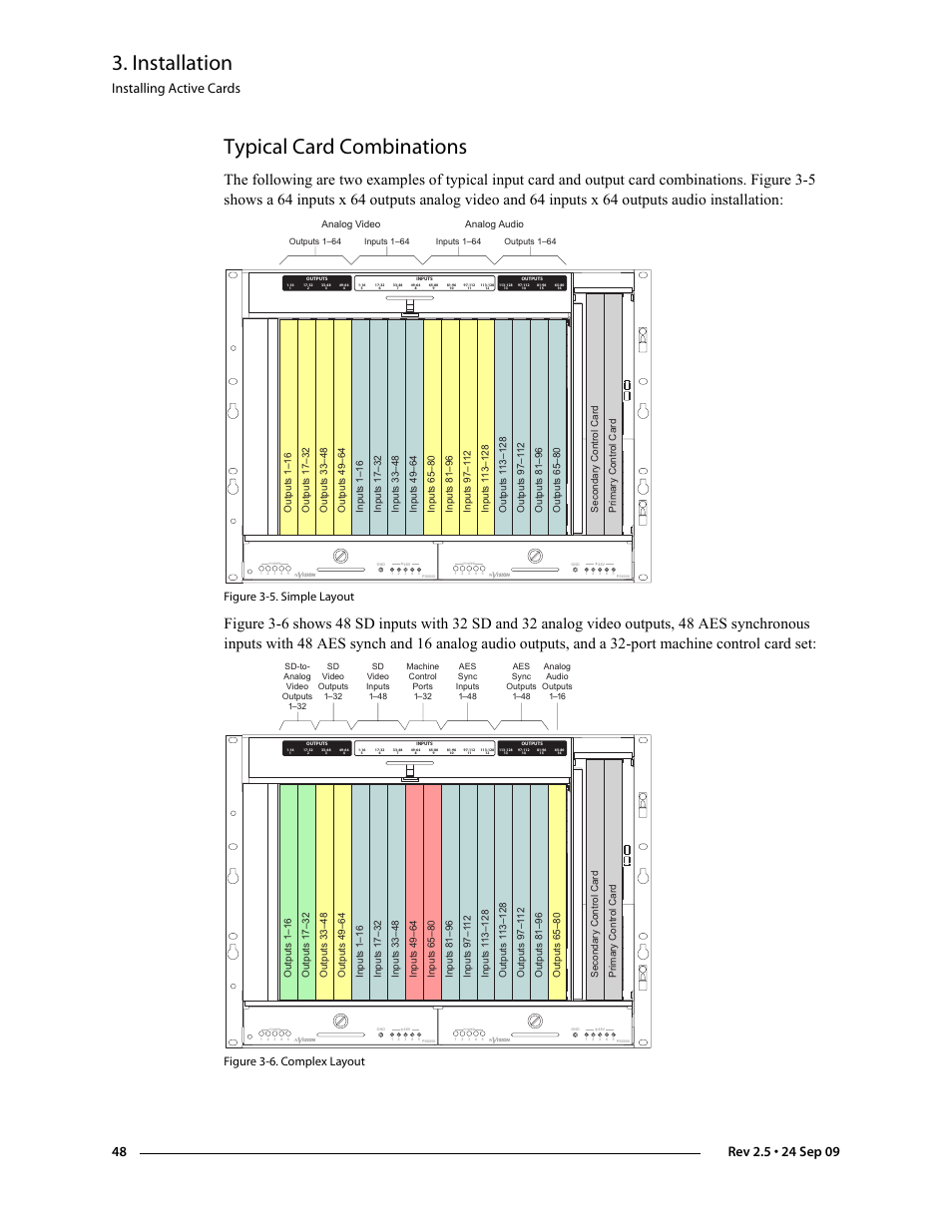 Typical card combinations, Installation, Installing active cards | Figure 3-5. simple layout, Figure 3-6. complex layout | Grass Valley NV5128 v.2.5 User Manual | Page 58 / 114
