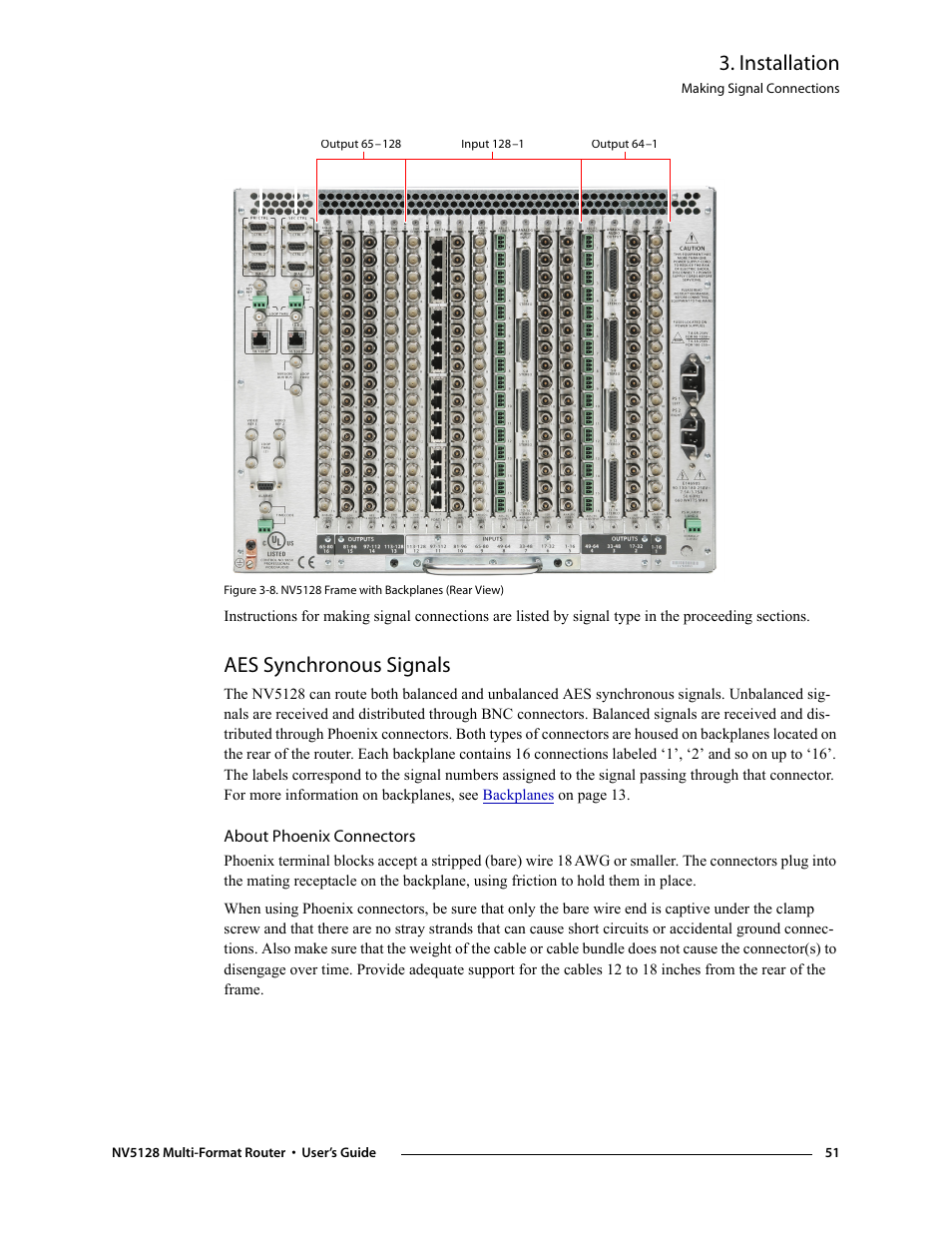 Aes synchronous signals, About phoenix connectors, Installation | Grass Valley NV5128 v.2.5 User Manual | Page 61 / 114