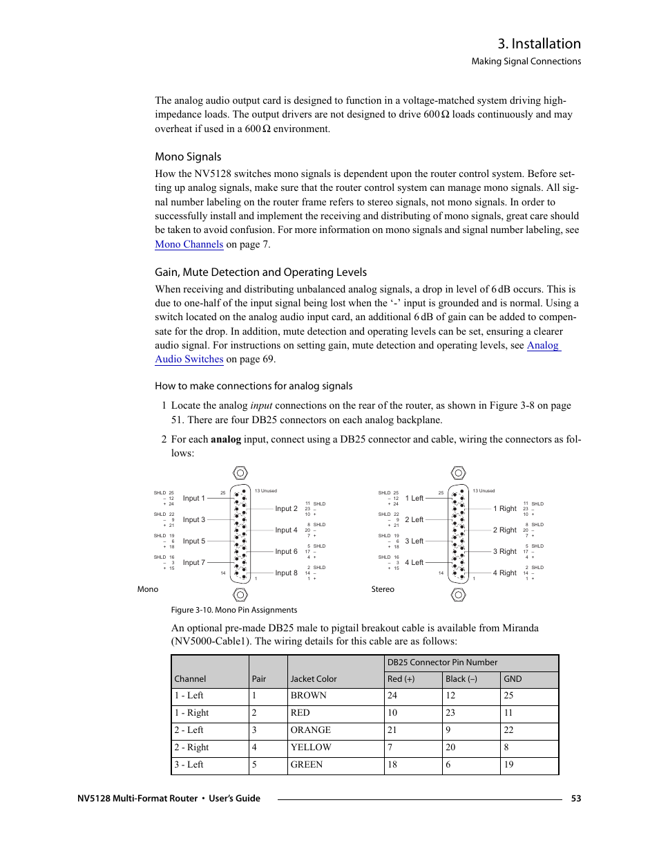 Mono signals, Gain, mute detection and operating levels, Installation | Ω environment, Making signal connections | Grass Valley NV5128 v.2.5 User Manual | Page 63 / 114