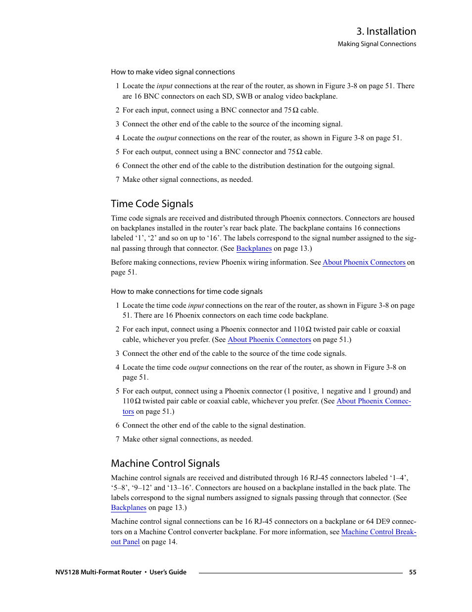 Time code signals, Machine control signals, Time code signals machine control signals | Installation | Grass Valley NV5128 v.2.5 User Manual | Page 65 / 114