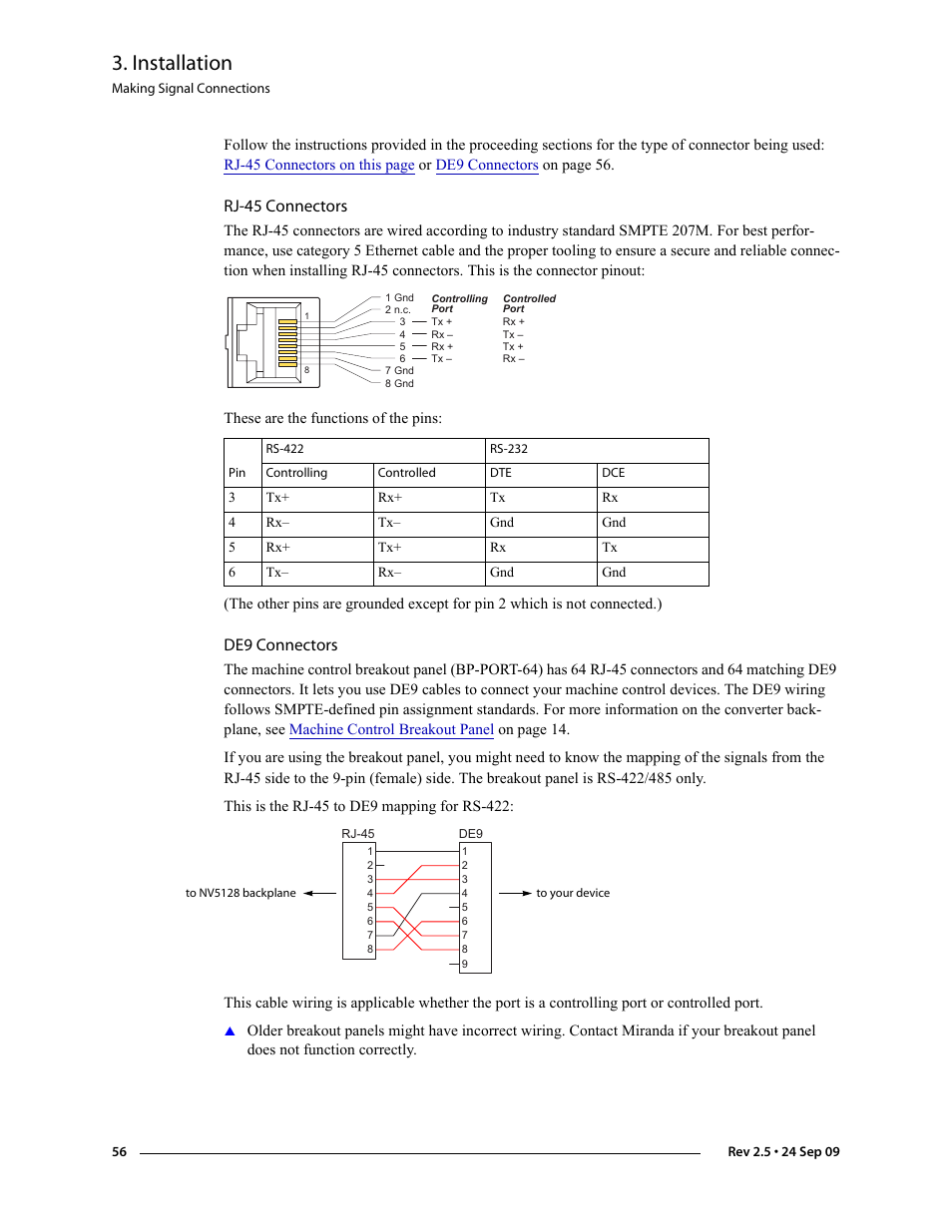 Rj-45 connectors, De9 connectors, Rj-45 connectors de9 connectors | Installation | Grass Valley NV5128 v.2.5 User Manual | Page 66 / 114