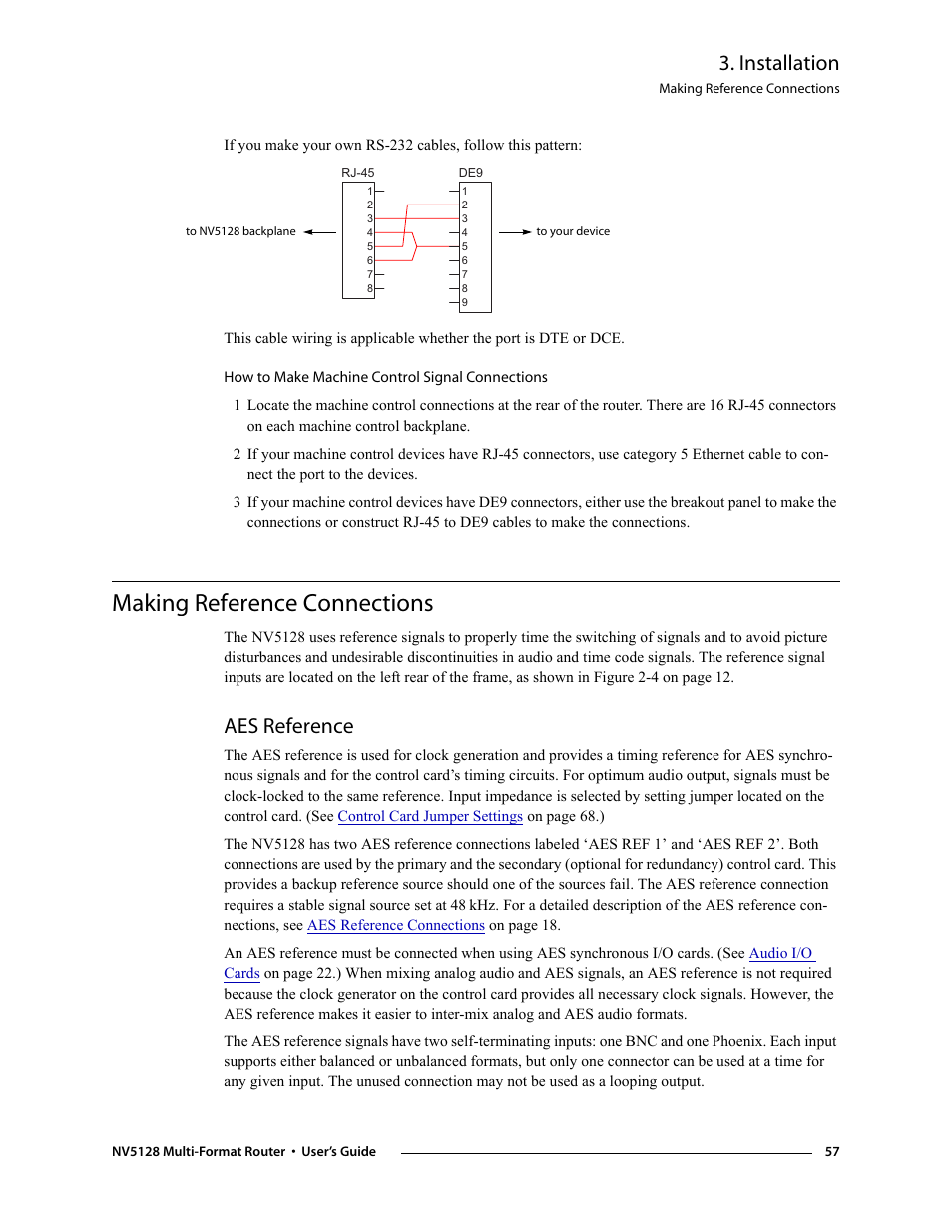 Making reference connections, Aes reference, Ing reference connections | Installation | Grass Valley NV5128 v.2.5 User Manual | Page 67 / 114