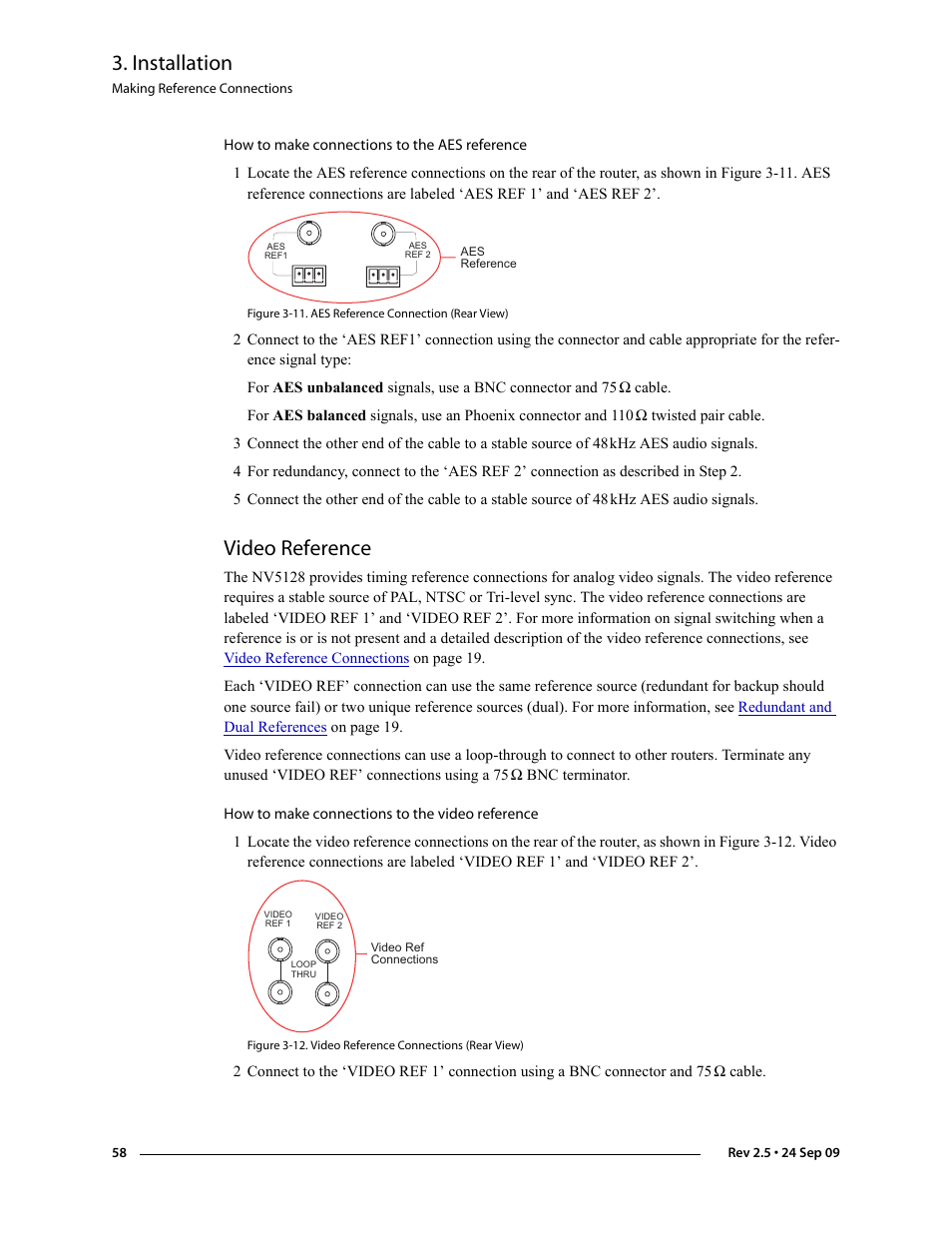 Video reference, Installation | Grass Valley NV5128 v.2.5 User Manual | Page 68 / 114