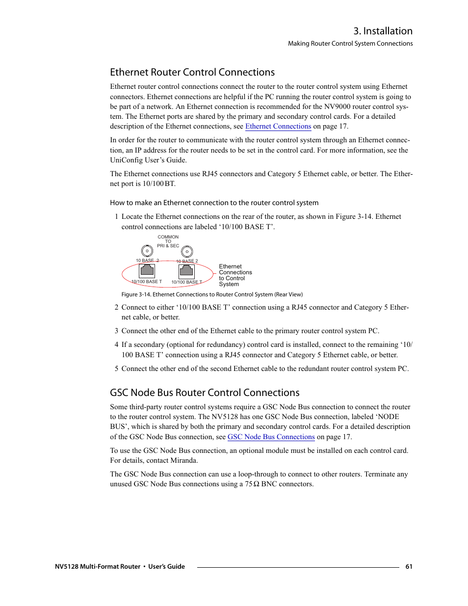 Ethernet router control connections, Gsc node bus router control connections, Node bus router control connections | Ethernet router, Control connections, Installation | Grass Valley NV5128 v.2.5 User Manual | Page 71 / 114