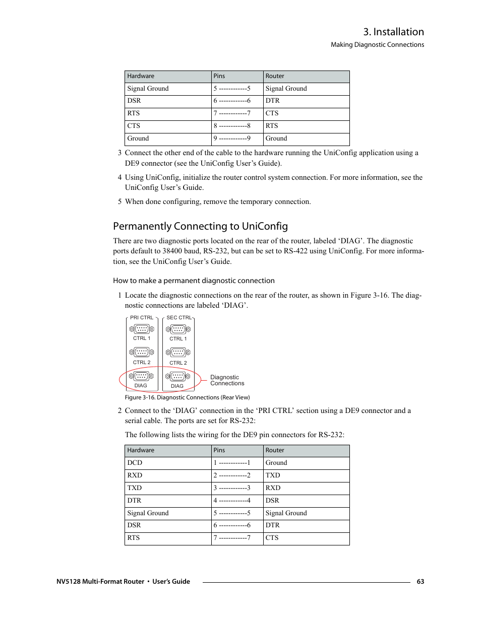 Permanently connecting to uniconfig, Connections, see, Installation | Grass Valley NV5128 v.2.5 User Manual | Page 73 / 114