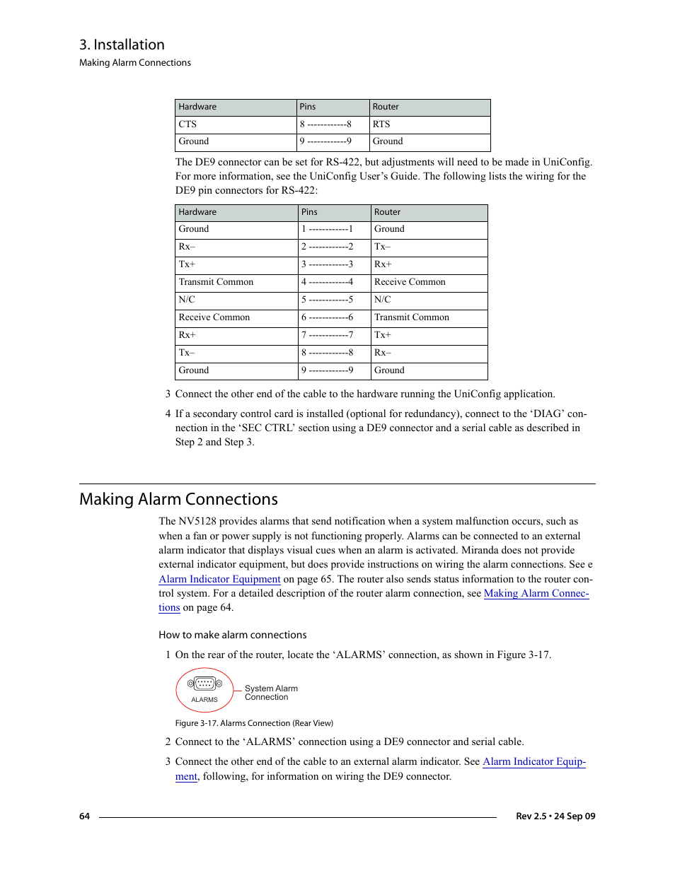 Making alarm connections, Installation | Grass Valley NV5128 v.2.5 User Manual | Page 74 / 114