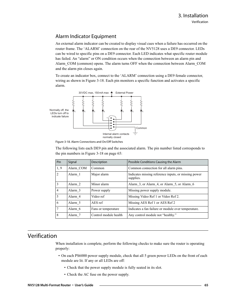 Alarm indicator equipment, Verification, Alarm indicator equip | Ment, Foll, Installation | Grass Valley NV5128 v.2.5 User Manual | Page 75 / 114