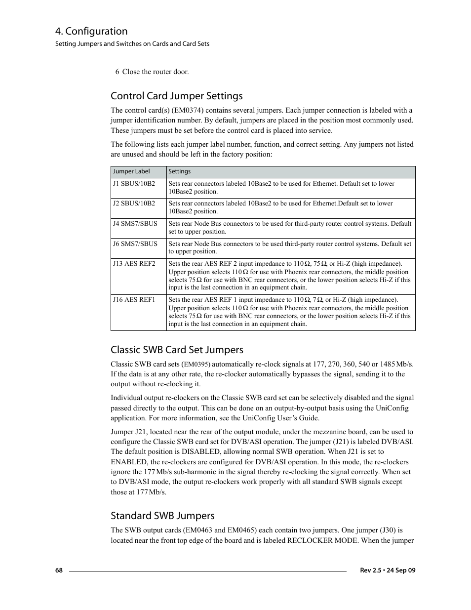 Control card jumper settings, Classic swb card set jumpers, Standard swb jumpers | Trol card. (see, Configuration | Grass Valley NV5128 v.2.5 User Manual | Page 78 / 114