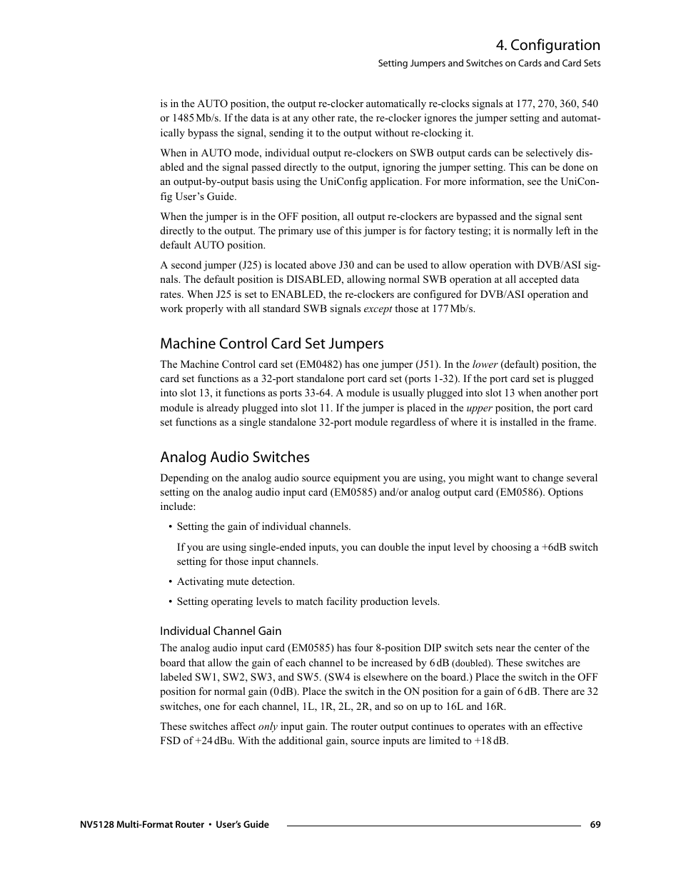 Machine control card set jumpers, Analog audio switches, Individual channel gain | Analog, Audio switches, Configuration | Grass Valley NV5128 v.2.5 User Manual | Page 79 / 114