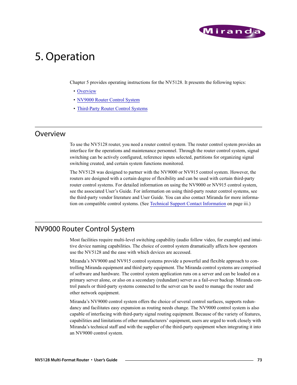 Operation, Overview, Nv9000 router control system | Chapter 5, Overview nv9000 router control system, Provi | Grass Valley NV5128 v.2.5 User Manual | Page 83 / 114