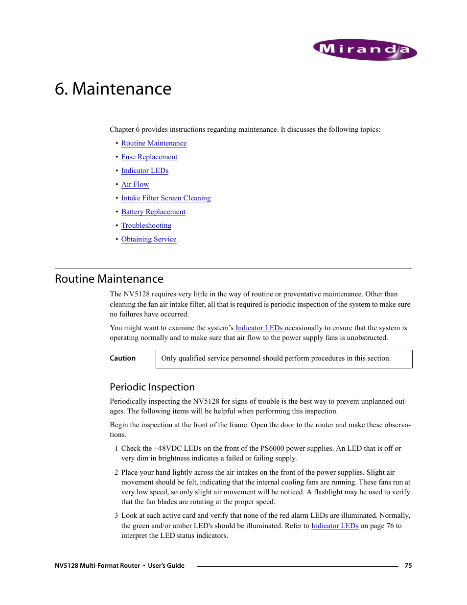 Maintenance, Routine maintenance, Periodic inspection | Chapter 6 | Grass Valley NV5128 v.2.5 User Manual | Page 85 / 114