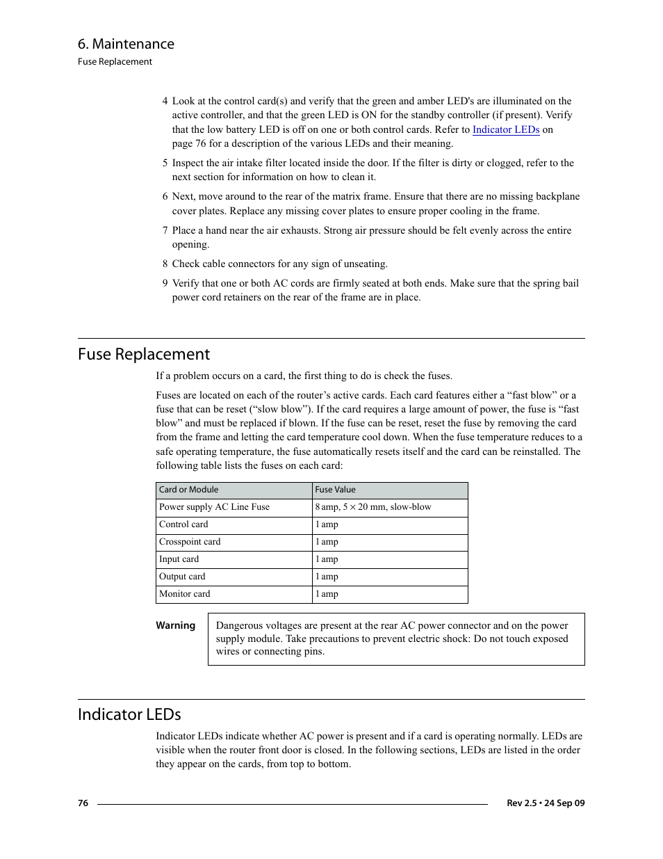 Fuse replacement, Indicator leds, Fuse replacement indicator leds | Fuse replace, Ment, Ion, see, Indica, Tor leds, Refer to, Maintenance | Grass Valley NV5128 v.2.5 User Manual | Page 86 / 114
