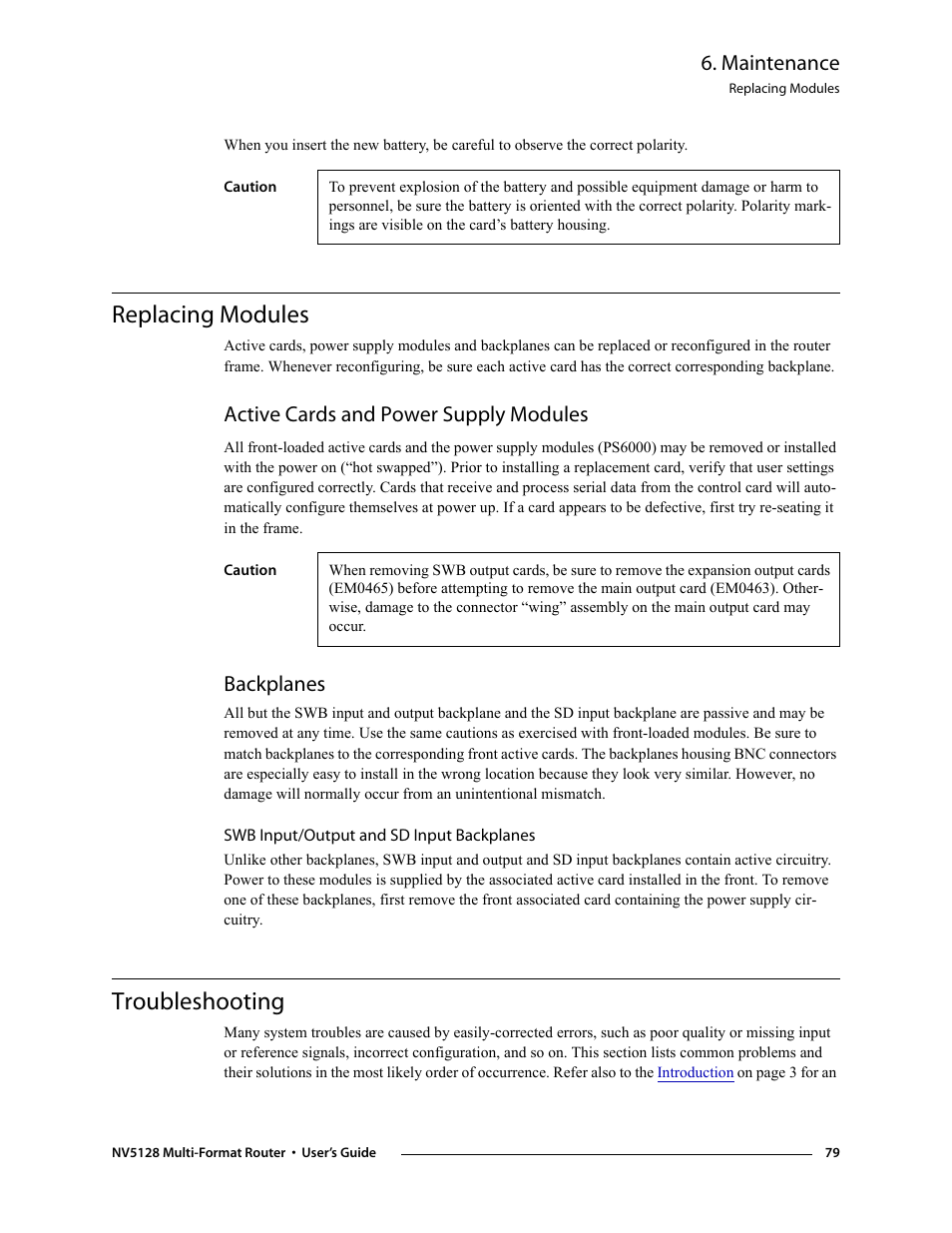 Replacing modules, Active cards and power supply modules, Backplanes | Swb input/output and sd input backplanes, Troubleshooting, Active cards and power supply modules backplanes, Maintenance | Grass Valley NV5128 v.2.5 User Manual | Page 89 / 114