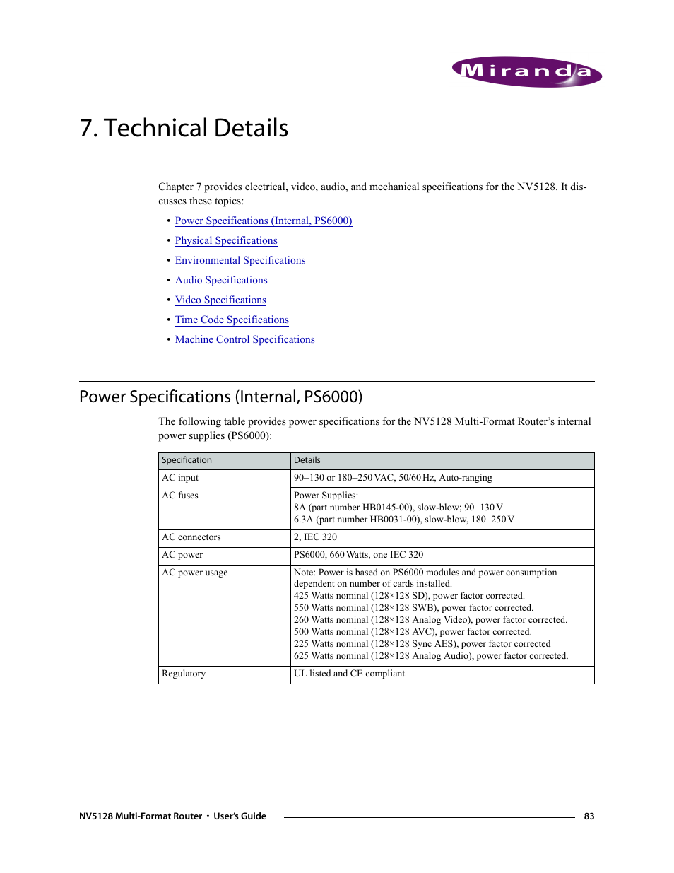 Technical details, Power specifications (internal, ps6000), Chapter 7 | Provides electrical, vi, Ble. (see, Techni, Cal details | Grass Valley NV5128 v.2.5 User Manual | Page 93 / 114