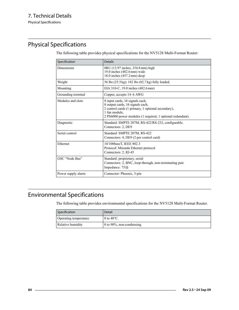 Physical specifications, Environmental specifications, Technical details | Grass Valley NV5128 v.2.5 User Manual | Page 94 / 114