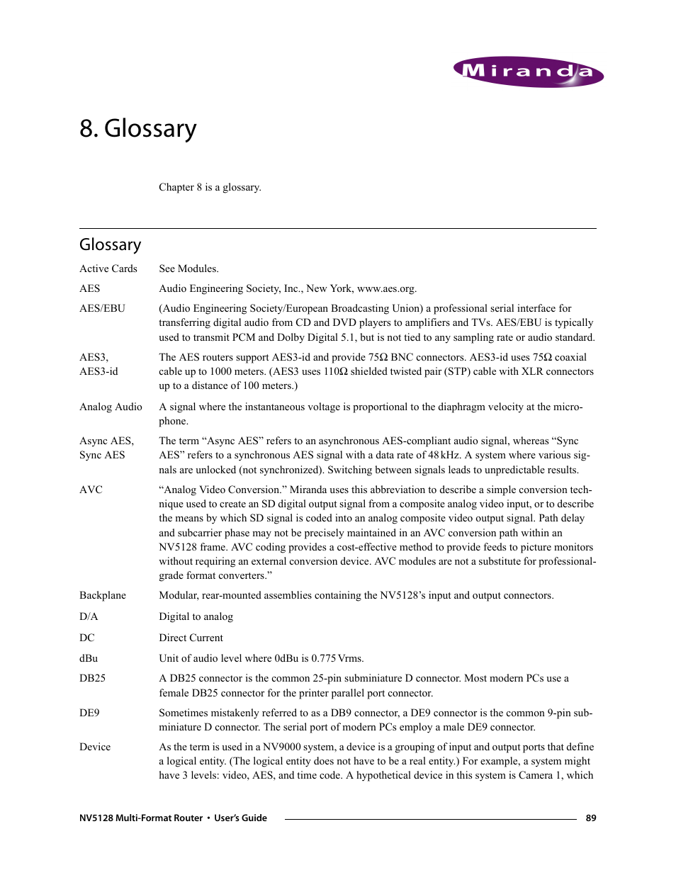 Glossary, Chapter 8 | Grass Valley NV5128 v.2.5 User Manual | Page 99 / 114