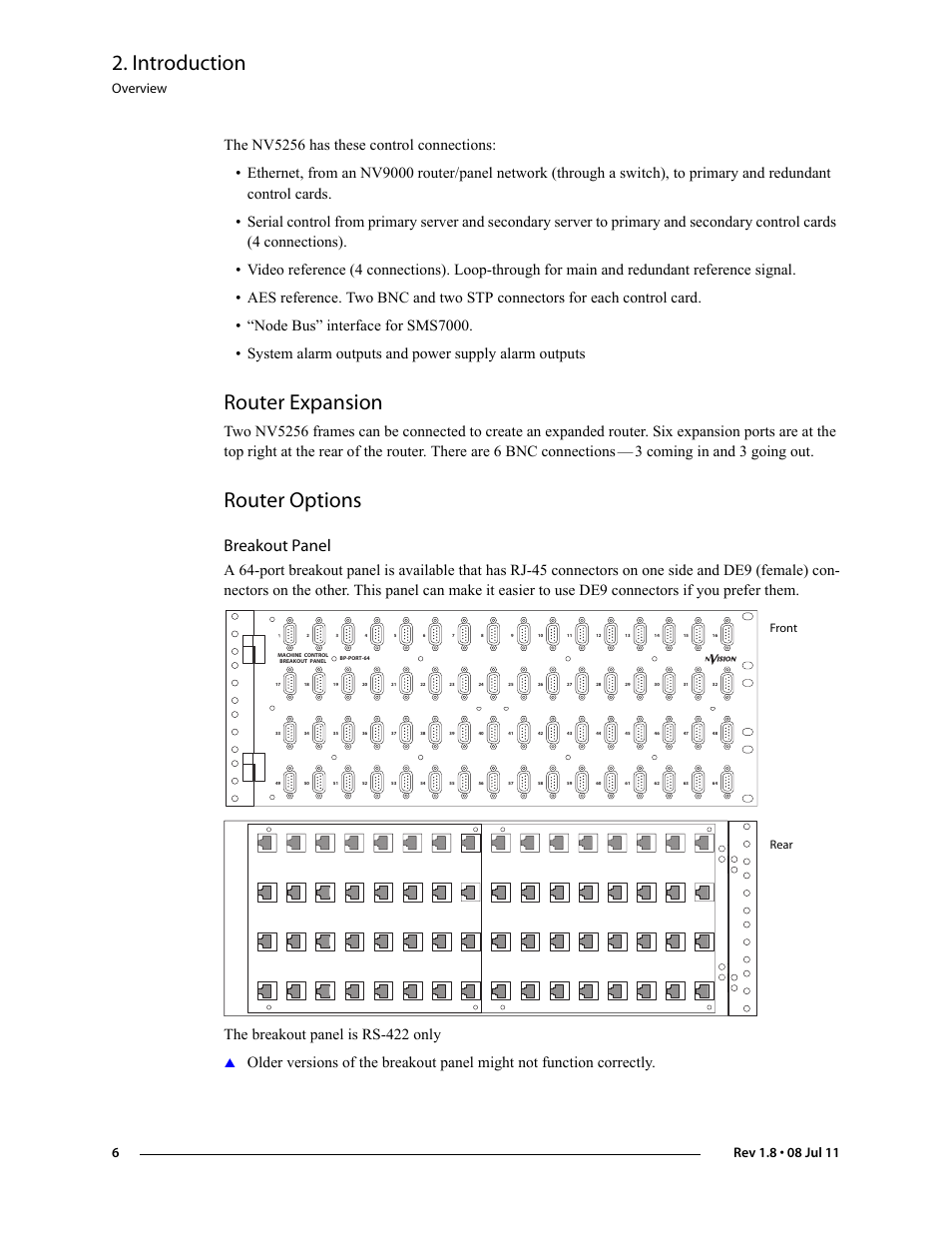 Router expansion, Router options, Breakout panel | Router expansion router options, Introduction, 3 coming in and 3 going out, Overview, Front rear | Grass Valley NV5256 v.1.8 User Manual | Page 14 / 56
