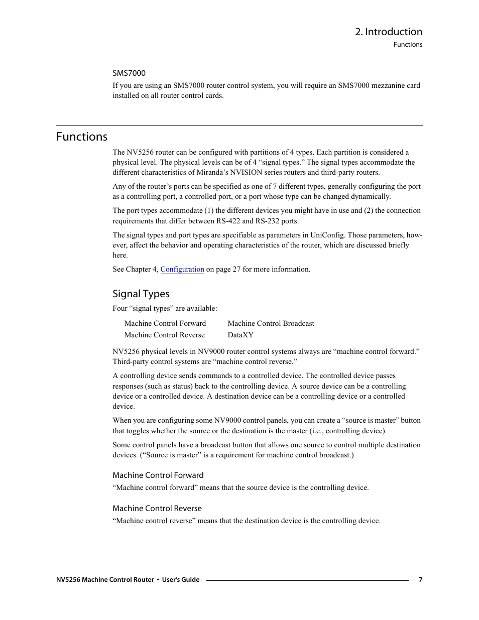 Sms7000, Functions, Signal types | Machine control forward, Machine control reverse, Machine control forward machine control reverse, Introduction | Grass Valley NV5256 v.1.8 User Manual | Page 15 / 56