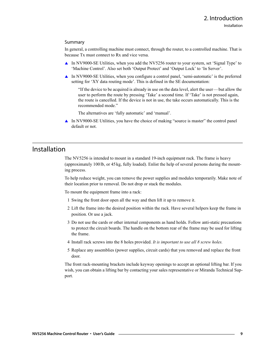 Summary, Installation, Introduction | Grass Valley NV5256 v.1.8 User Manual | Page 17 / 56
