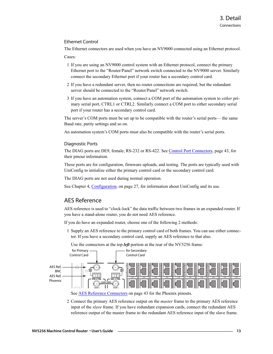 Ethernet control, Diagnostic ports, Aes reference | Ethernet control diagnostic ports, Detail | Grass Valley NV5256 v.1.8 User Manual | Page 21 / 56