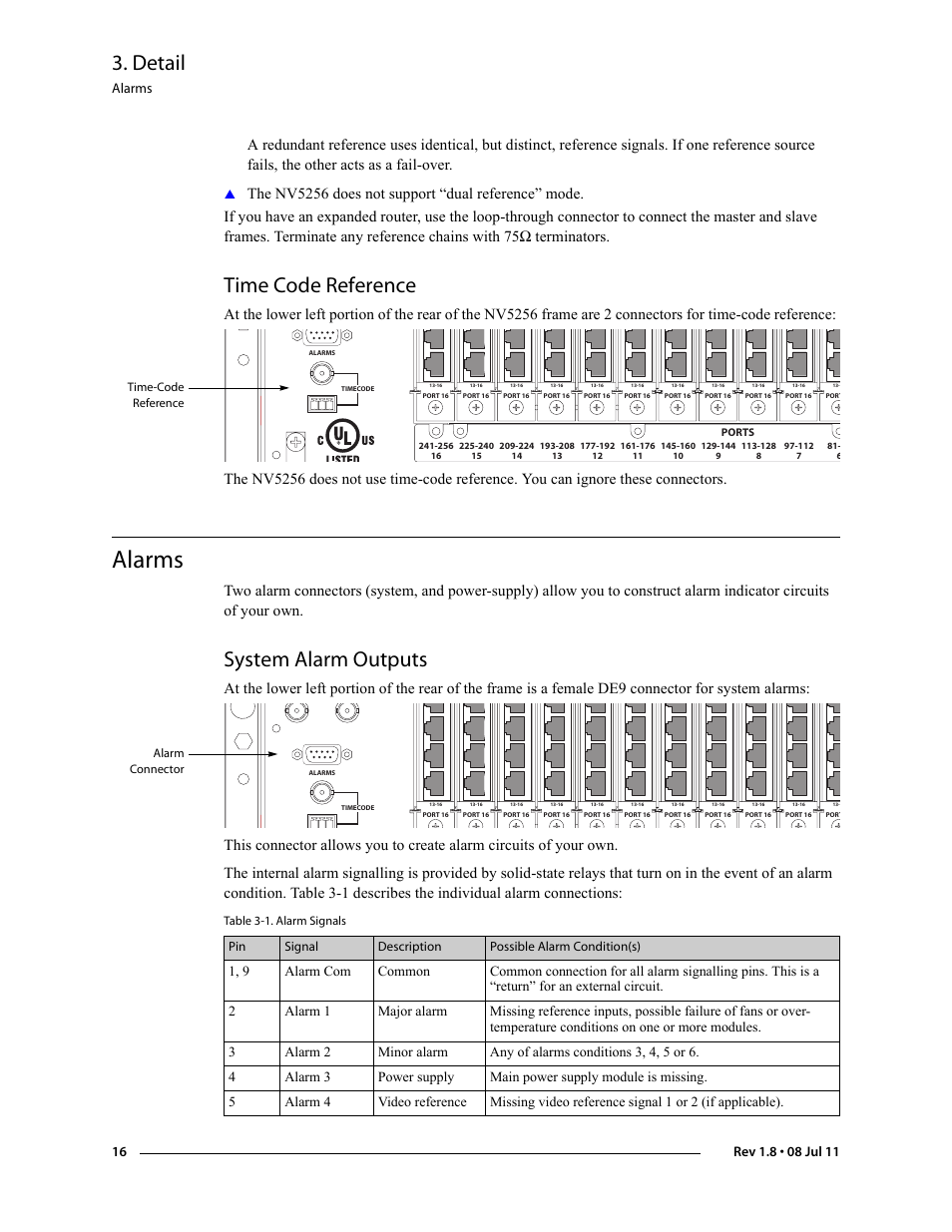 Time code reference, Alarms, System alarm outputs | Detail | Grass Valley NV5256 v.1.8 User Manual | Page 24 / 56