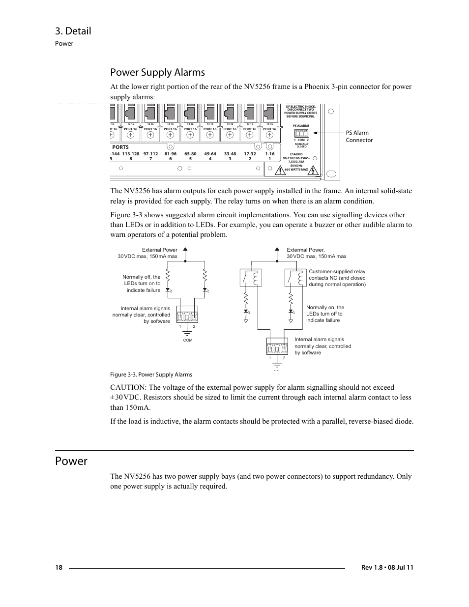 Power supply alarms, Power, Detail | Grass Valley NV5256 v.1.8 User Manual | Page 26 / 56