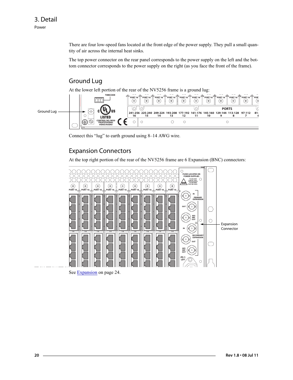 Ground lug, Expansion connectors, Ground lug expansion connectors | Detail, Power, Expansion connector | Grass Valley NV5256 v.1.8 User Manual | Page 28 / 56