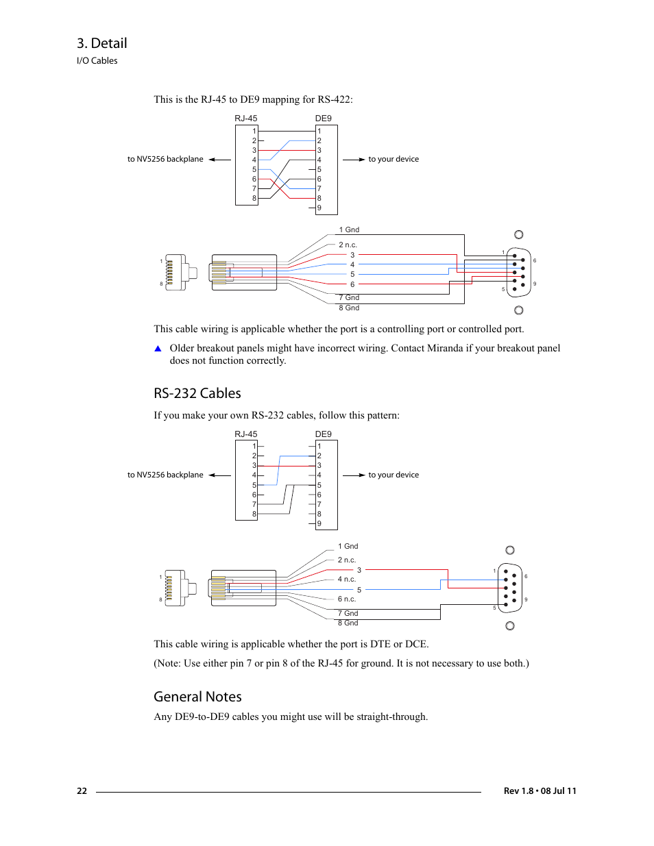 Rs-232 cables, General notes, Rs-232 cables general notes | Detail | Grass Valley NV5256 v.1.8 User Manual | Page 30 / 56