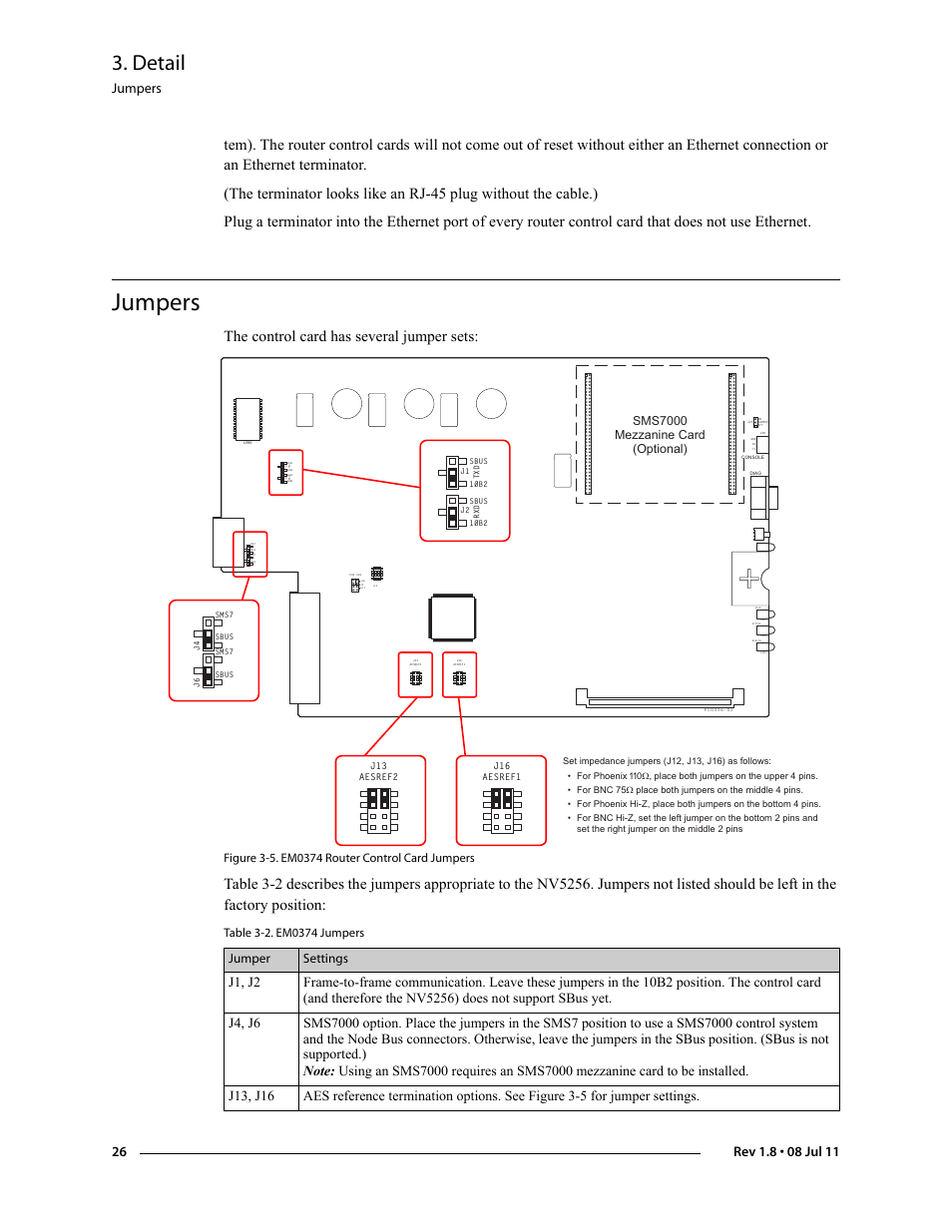 Jumpers, Detail, The control card has several jumper sets | Jumper settings | Grass Valley NV5256 v.1.8 User Manual | Page 34 / 56