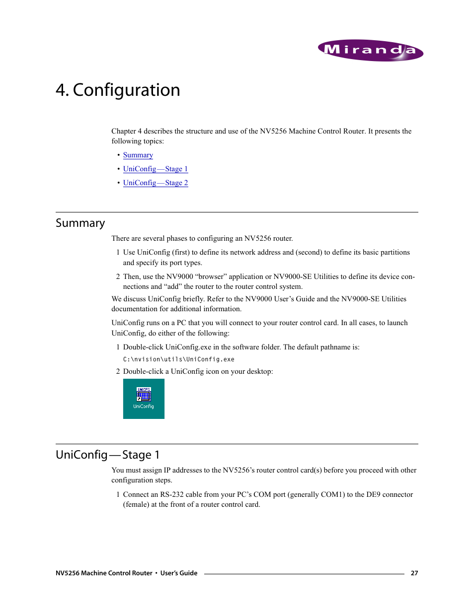 Configuration, Summary, Uniconfig - stage 1 | Chapter 4, Summary uniconfig—stage 1, See chapter 4, Uniconfig—stage 1 | Grass Valley NV5256 v.1.8 User Manual | Page 35 / 56