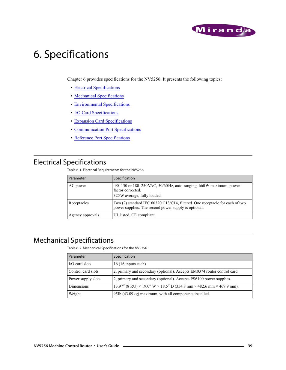 Specifications, Electrical specifications, Mechanical specifications | Chapter 6 | Grass Valley NV5256 v.1.8 User Manual | Page 47 / 56