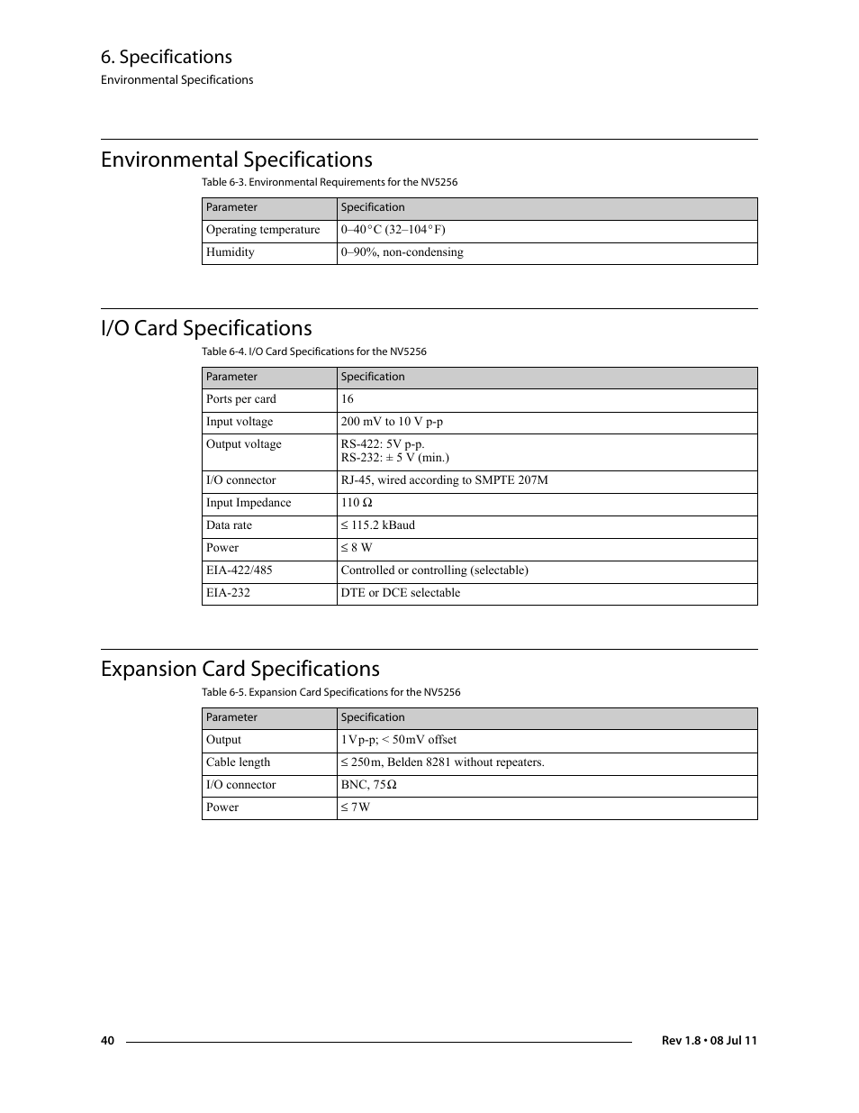 Environmental specifications, I/o card specifications, Expansion card specifications | Specifications | Grass Valley NV5256 v.1.8 User Manual | Page 48 / 56