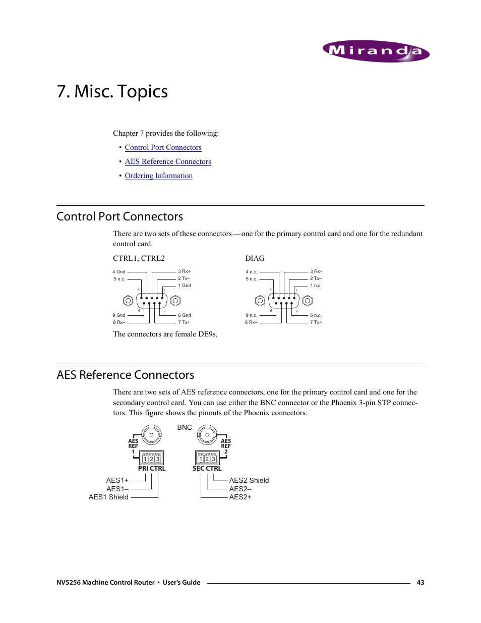 Misc. topics, Control port connectors, Aes reference connectors | Chapter 7, Control port connectors aes reference connectors, Presen | Grass Valley NV5256 v.1.8 User Manual | Page 51 / 56