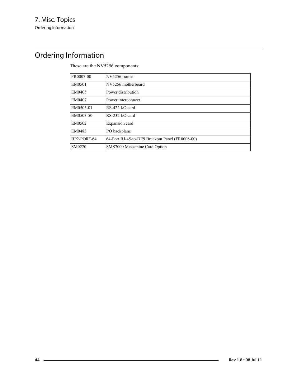 Ordering information, Misc. topics | Grass Valley NV5256 v.1.8 User Manual | Page 52 / 56