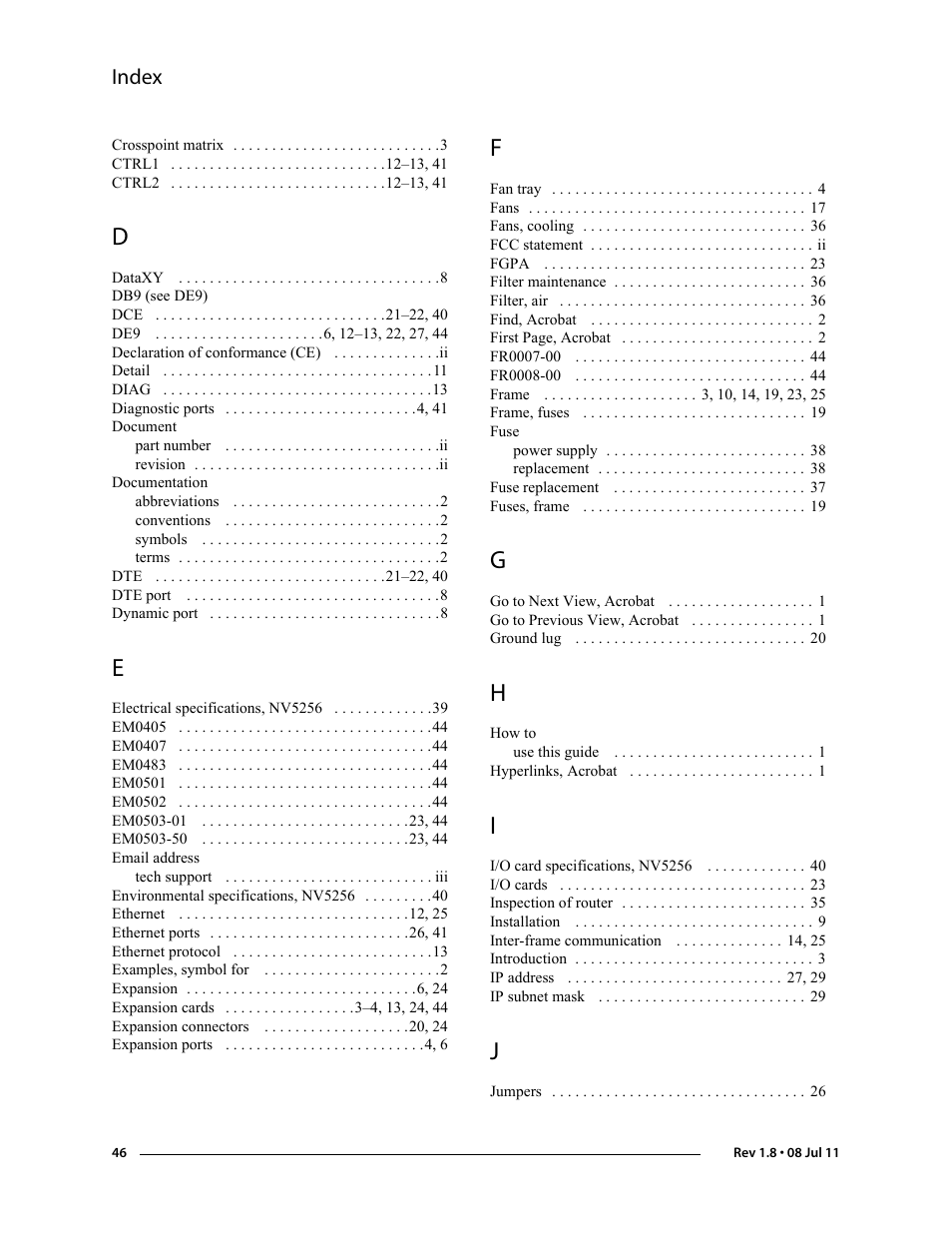 Index | Grass Valley NV5256 v.1.8 User Manual | Page 54 / 56