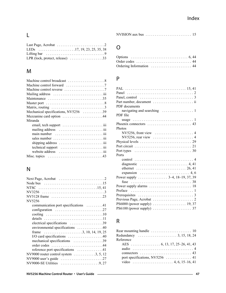 Index | Grass Valley NV5256 v.1.8 User Manual | Page 55 / 56