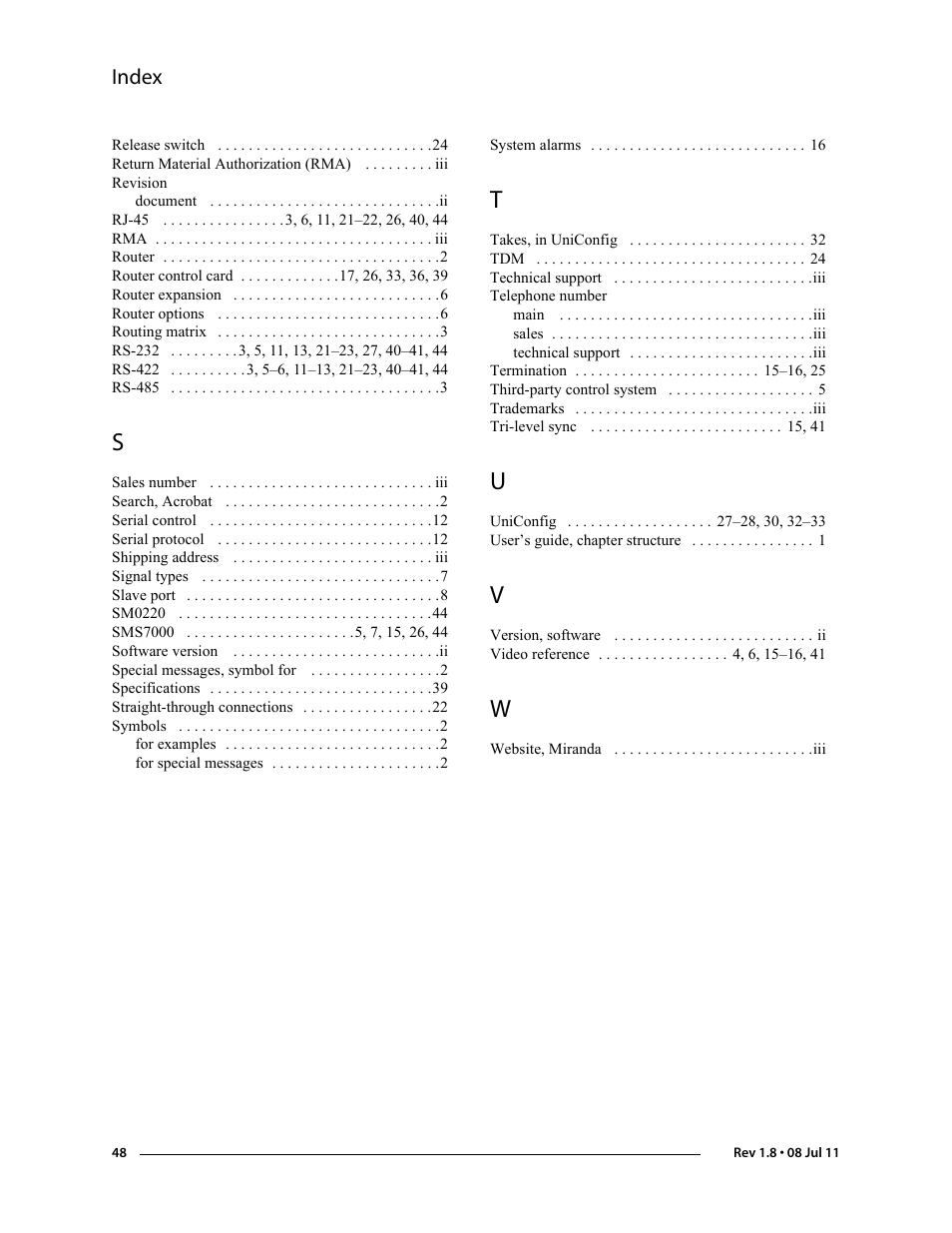 Index | Grass Valley NV5256 v.1.8 User Manual | Page 56 / 56