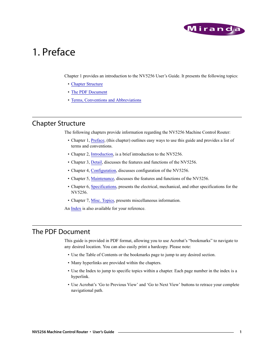 Preface, Chapter structure, The pdf document | Chapter 1, Chapter structure the pdf document | Grass Valley NV5256 v.1.8 User Manual | Page 9 / 56