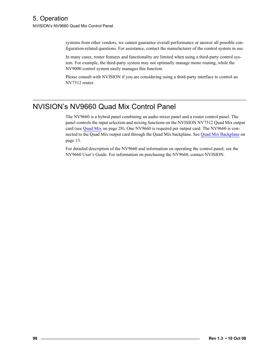 Nvision’s nv9660 quad mix control panel, Operation | Grass Valley NV7512 v.1.3 User Manual | Page 108 / 130