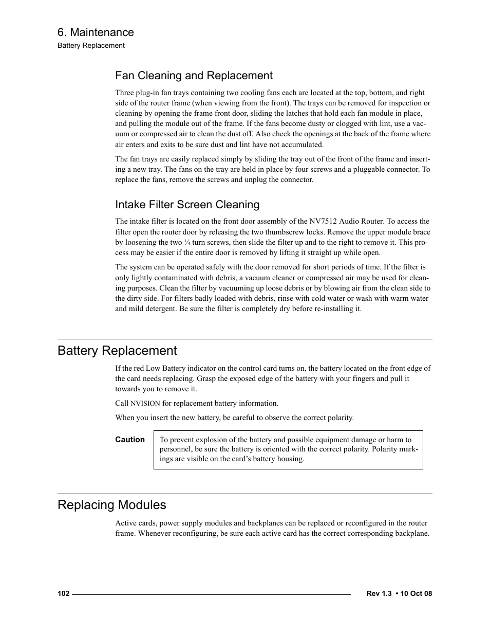 Fan cleaning and replacement, Intake filter screen cleaning, Battery replacement | Replacing modules, Battery replacement replacing modules, Maintenance | Grass Valley NV7512 v.1.3 User Manual | Page 112 / 130