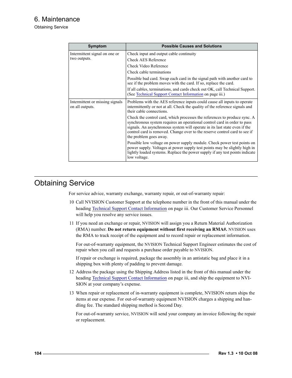 Obtaining service, Maintenance | Grass Valley NV7512 v.1.3 User Manual | Page 114 / 130