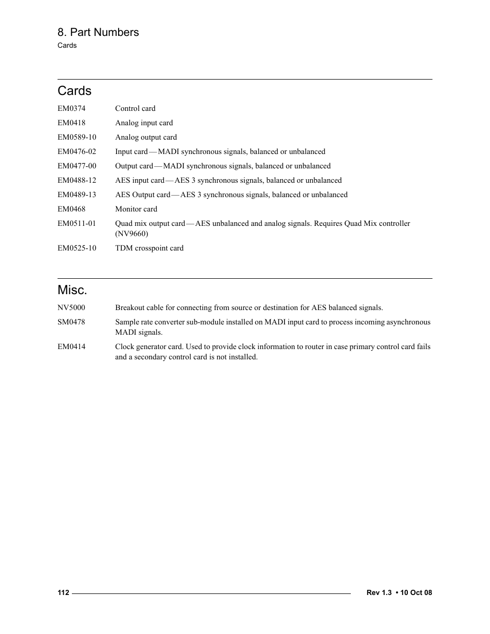 Cards, Misc, Cards misc | Part numbers | Grass Valley NV7512 v.1.3 User Manual | Page 122 / 130