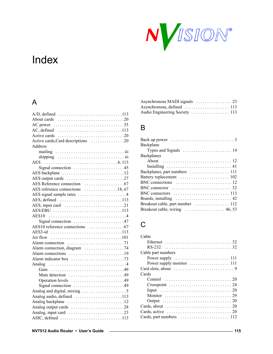 Index | Grass Valley NV7512 v.1.3 User Manual | Page 125 / 130